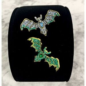 2 Rhinestone Bat Brooch Pins Halloween Gothic Blue Green Gold tone